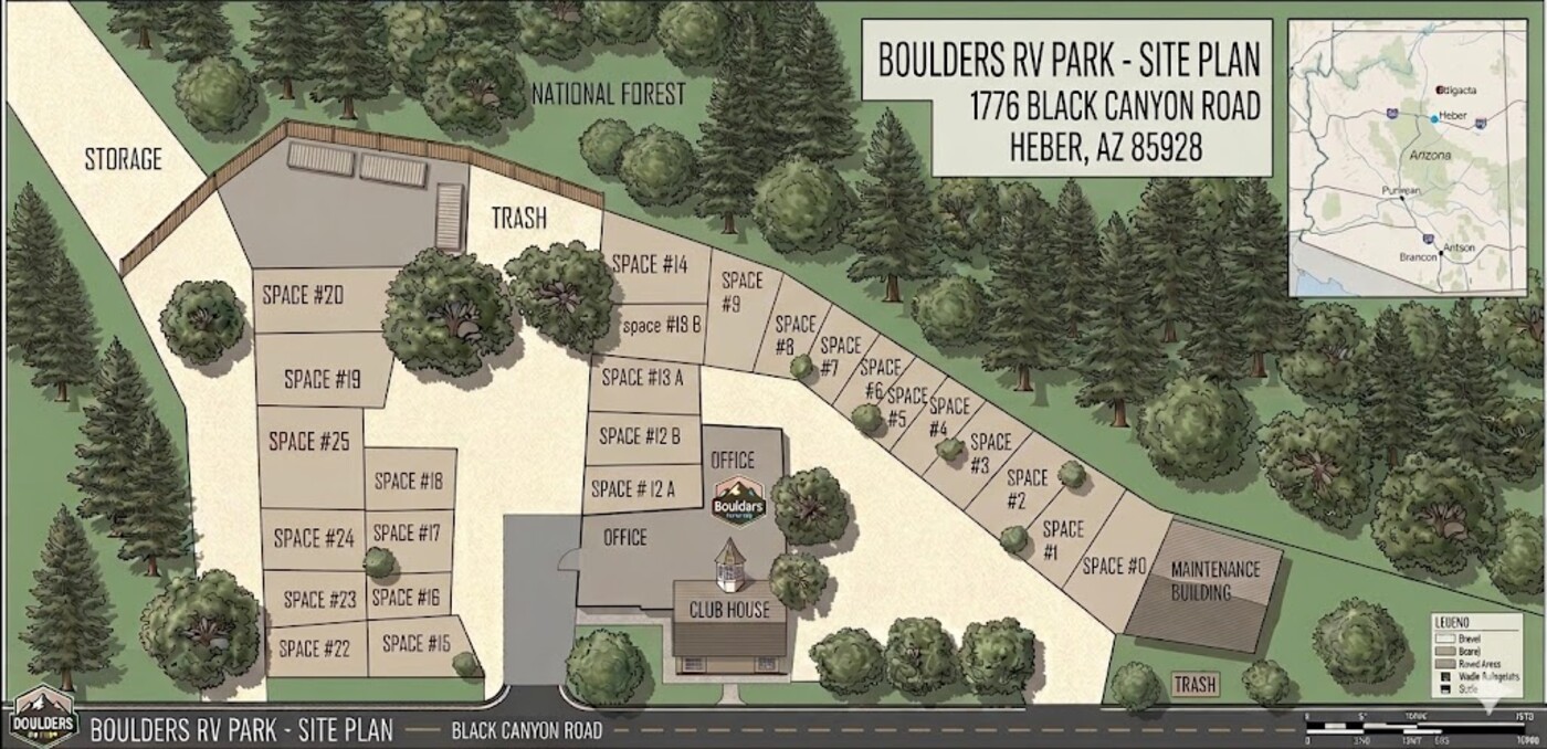 Boulders RV Park site plan showing all numbered spaces, office, clubhouse, storage, and maintenance building